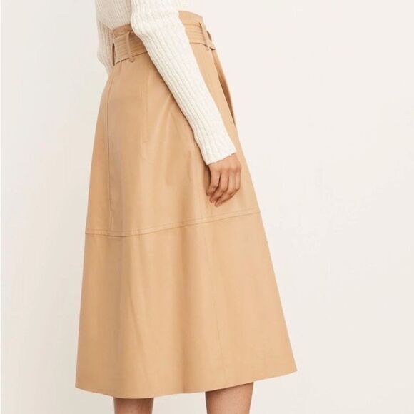 Vince Lambskin Leather Midi Tan Caramel Skirt Stitched Belt Size 0 - Picture 5 of 11